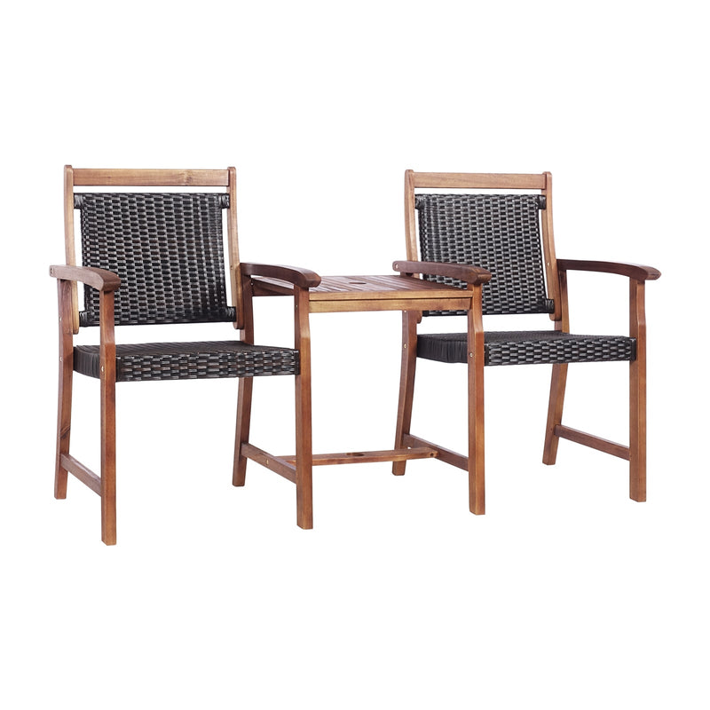 2-Seat Patio Rattan Acacia Wood Chair with Coffee Table - Relaxacare