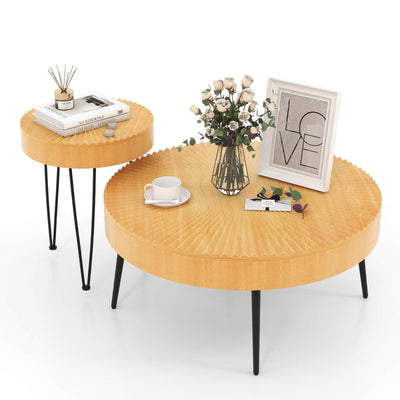 2 Set of Wooden Coffee Table with Metal Legs and Adjustable Foot Pads-Radial Pattern - Relaxacare