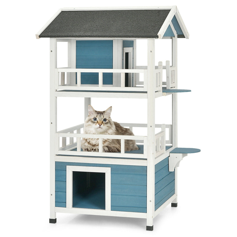 2-Story Outdoor Wooden Catio Cat House Shelter with Enclosure - Relaxacare