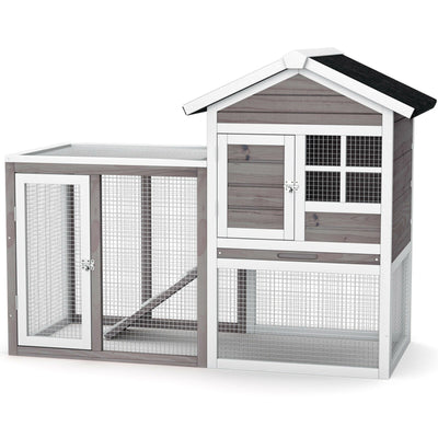 2-Story Wooden Rabbit Hutch with Running Area-Gray - Relaxacare