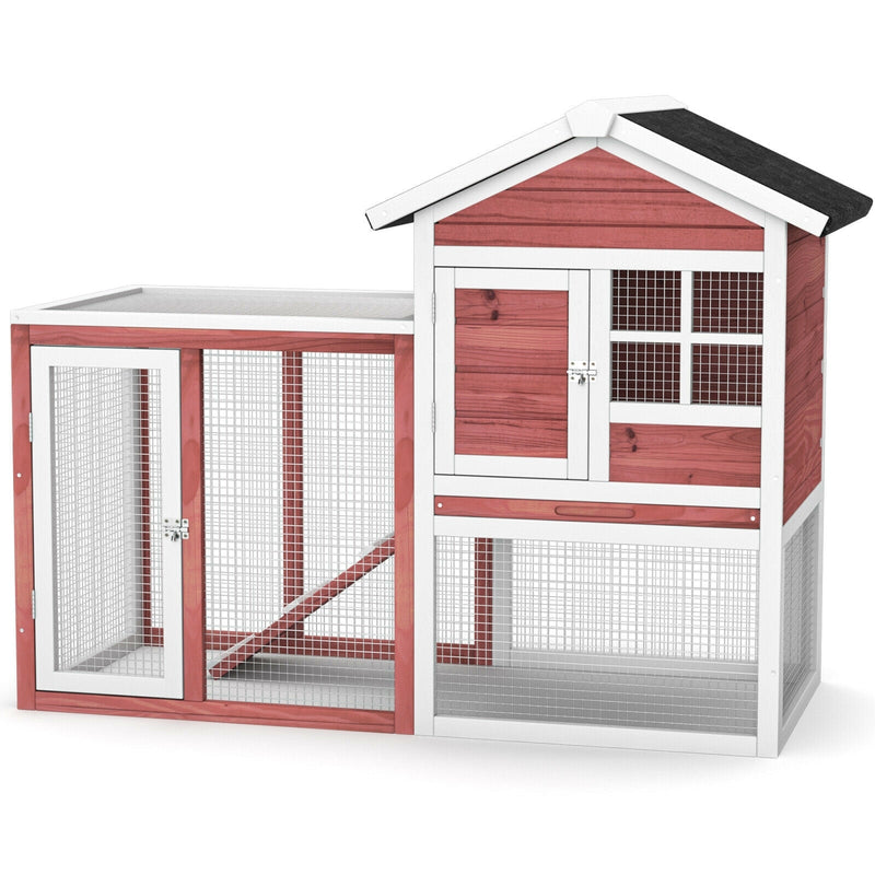2-Story Wooden Rabbit Hutch with Running Area-White - Relaxacare