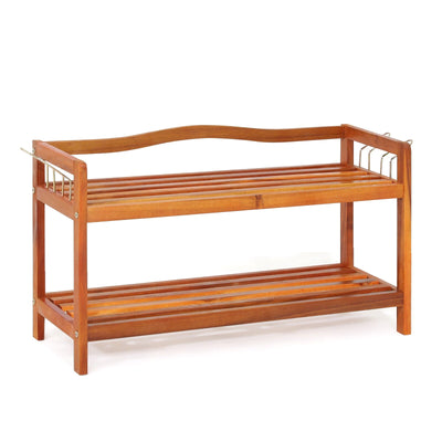 2-Tier Acacia Wood Shoe Rack with 4 Side Metal Hooks - Relaxacare