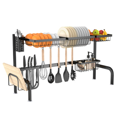 2 Tier Adjustable Over Sink Dish Drying Rack with 8 Hooks - Relaxacare