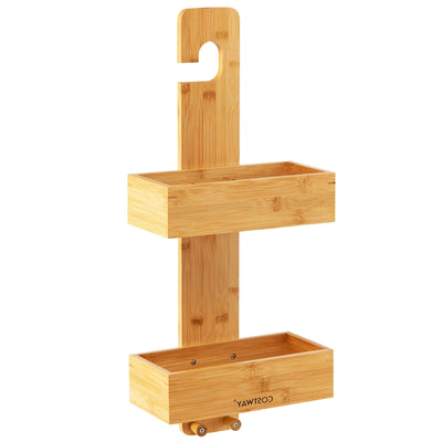 2-Tier Bamboo Hanging Shower Caddy Bathroom Shelf with 2 Hooks - Relaxacare