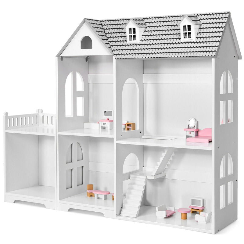 2-Tier Dollhouse Bookcase with Sufficient Storage Space-Gray - Relaxacare