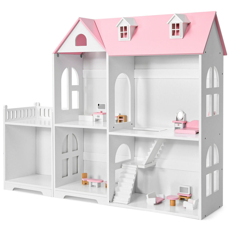 2-Tier Dollhouse Bookcase with Sufficient Storage Space-Pink - Relaxacare