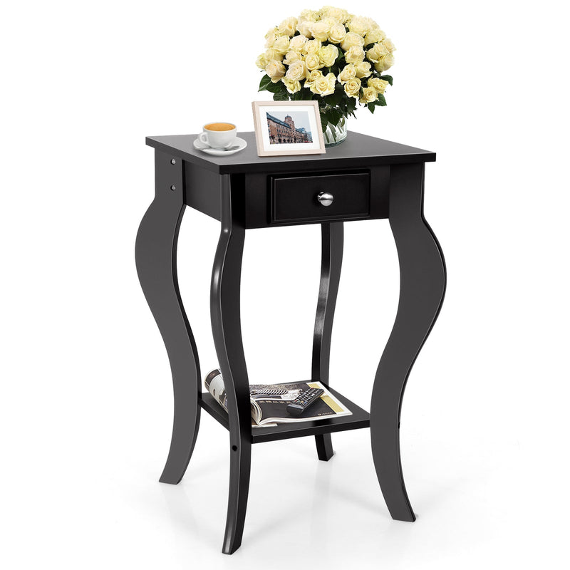 2-Tier End Table with Drawer and Shelf for Living Room Bedroom-Black - Relaxacare