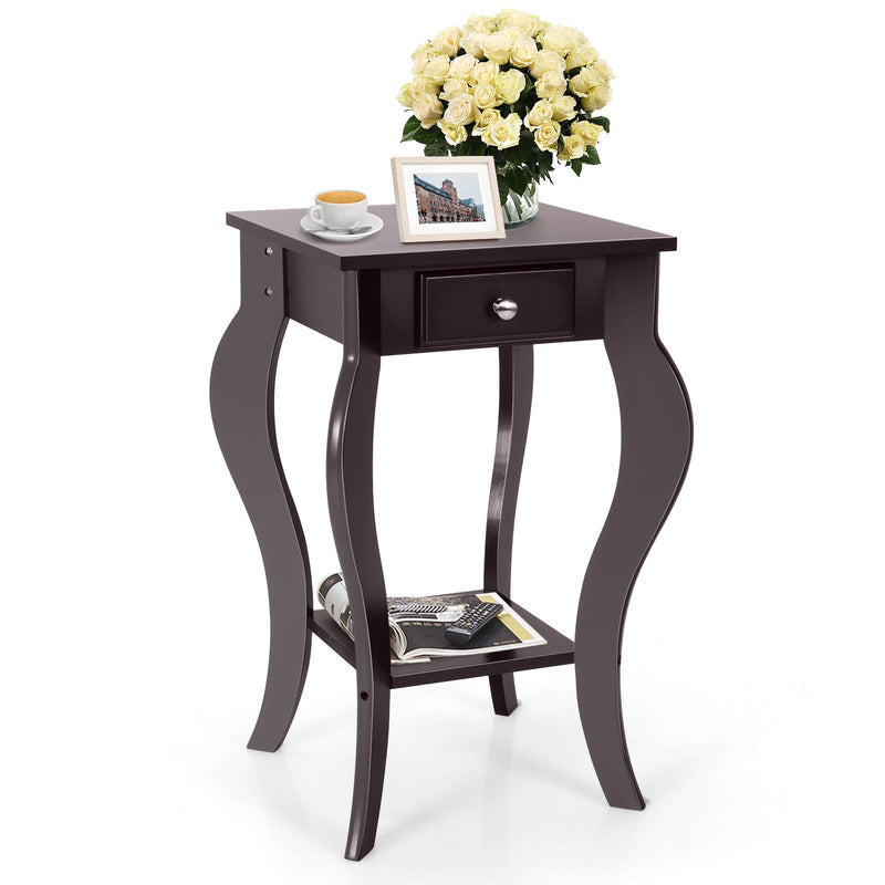 2-Tier End Table with Drawer and Shelf for Living Room Bedroom-Brown - Relaxacare