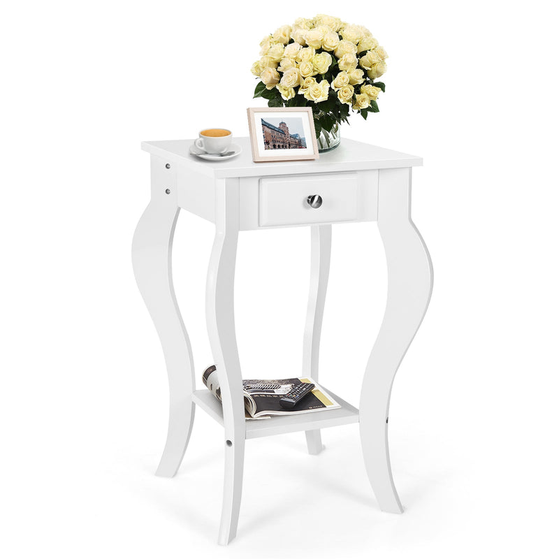 2-Tier End Table with Drawer and Shelf for Living Room Bedroom-White - Relaxacare