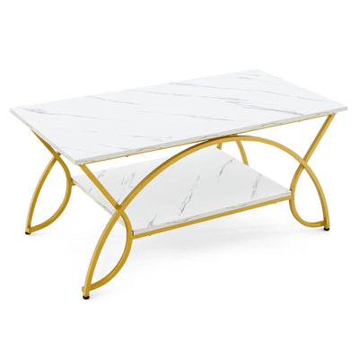 2-Tier Faux Marble Coffee Table with Marble Top and Metal Frame - Relaxacare