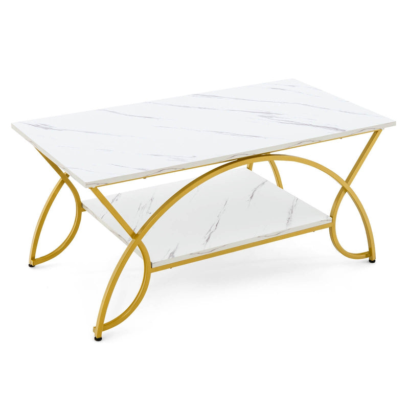 2-Tier Faux Marble Coffee Table with Marble Top and Metal Frame - Relaxacare