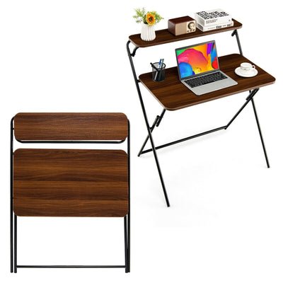 2-Tier Folding Computer Desk Laptop Table No Assembly Required for Home Office - Relaxacare
