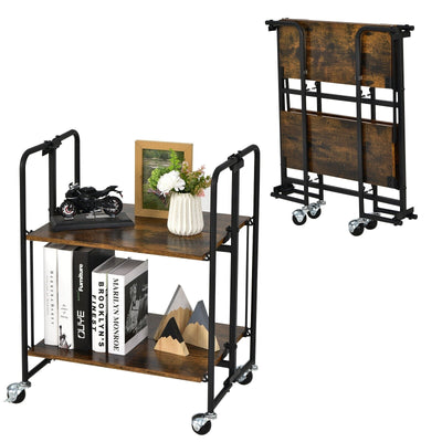 2-Tier Folding Rolling Cart with Metal Frame-Rustic Brown - Relaxacare