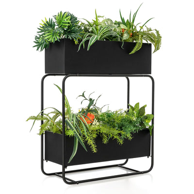 2-Tier Metal Elevated Garden Bed with Raised Flower Box-Black - Relaxacare