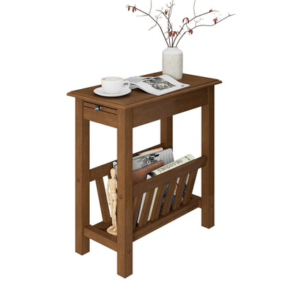 2-Tier Narrow End Table with Pull-out Tray and Solid Rubber Wood Legs - Relaxacare