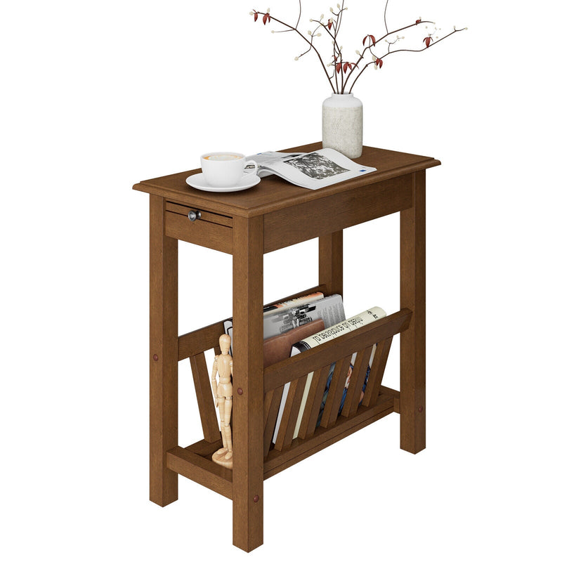 2-Tier Narrow End Table with Pull-out Tray and Solid Rubber Wood Legs - Relaxacare