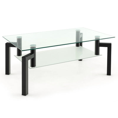 2-Tier Rectangular Glass Coffee Table with Metal Tube Legs-Black - Relaxacare