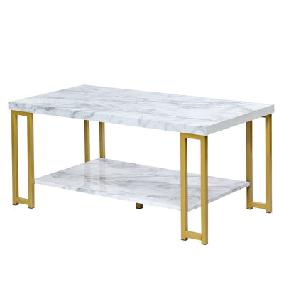 2-Tier Rectangular Modern Coffee Table with Gold Print Metal Frame - Relaxacare