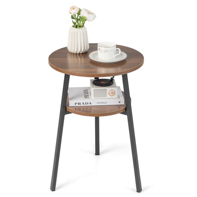 2-Tier Round End Table with Open Shelf and Triangular Metal Frame-Walnut - Relaxacare