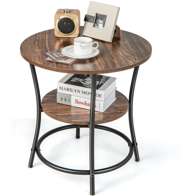 2-Tier Round End Table with Open Storage Shelf and Sturdy Metal Frame-Brown - Relaxacare