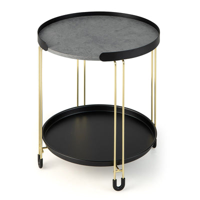 2-Tier Round Side Table with Removable Tray and Metal Frame for Small Space - Relaxacare