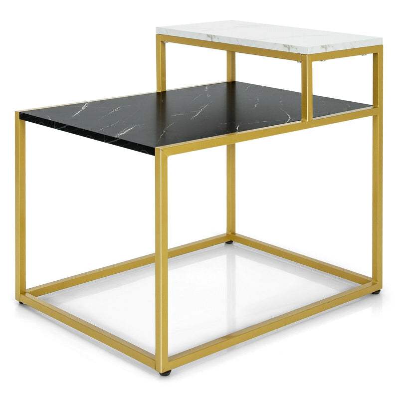 2-Tier Side Table with Metal Frame and Marble Finish Tabletop for Living Room - Relaxacare