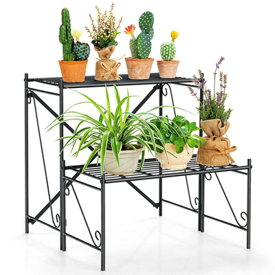 2-Tier Stair Style Metal Plant Stand for Indoor and Outdoor-Black - Relaxacare