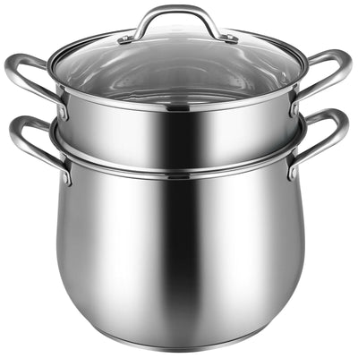 2-Tier Steamer Pot Saucepot Stainless Steel with Tempered Glass Lid - Relaxacare