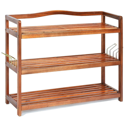 2-Tier/3-Tier/5-Tier Acacia Wood Shoe Rack with Side Metal Hooks - Relaxacare