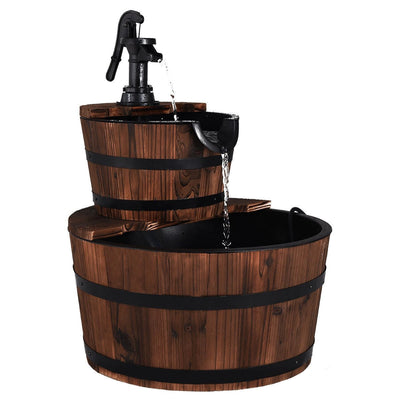 2 Tiers Outdoor Wooden Barrel Waterfall Fountain with Pump - Relaxacare