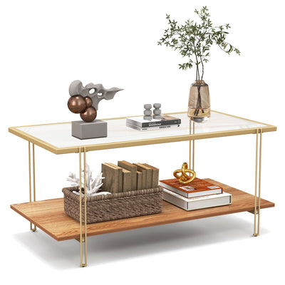 2 Tiers Rectangle Glass Coffee Table with White and Gold Steel Frame - Relaxacare