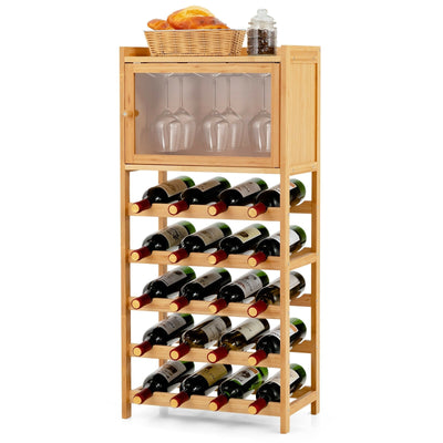20-Bottle Freestanding Bamboo Wine Rack Cabinet with Display Shelf and Glass Hanger-Natural - Relaxacare