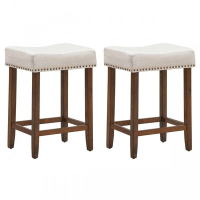 24 Inch 2 Pieces Nailhead Saddle Bar Stools with Fabric Seat and Wood Legs - Relaxacare