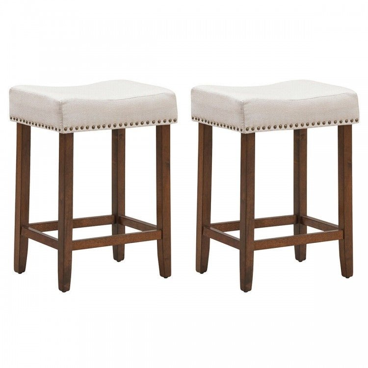 24 Inch 2 Pieces Nailhead Saddle Bar Stools with Fabric Seat and Wood Legs - Relaxacare