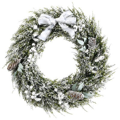 24 Inch Snowy Artificial Christmas PE Wreath with Pine Cones - Relaxacare