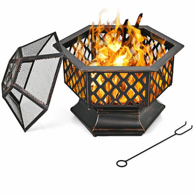 26 Inch Hex-shaped Portable Wood Burning Firepit Bowl with Screen Cover and Poker - Relaxacare
