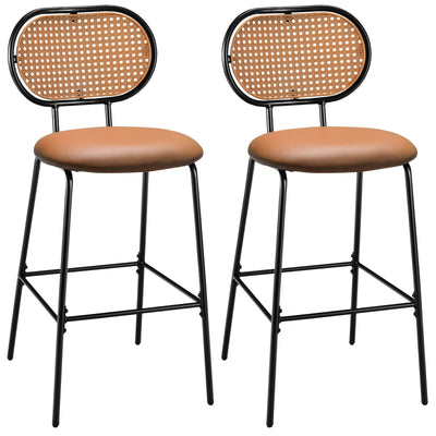 29.5 Inch Modern Faux Leather Bar Stools with Imitation Rattan Woven Backrest - Relaxacare