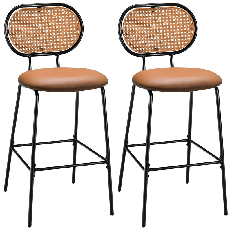 29.5 Inch Modern Faux Leather Bar Stools with Imitation Rattan Woven Backrest - Relaxacare