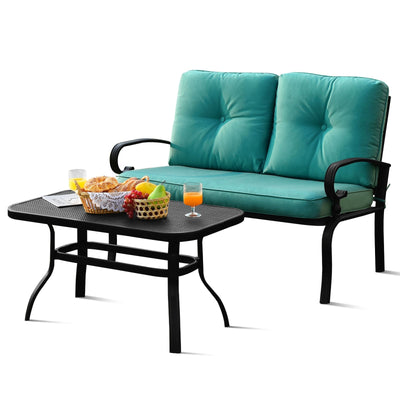 2PCS Patio Loveseat Bench Table Furniture Set with Cushioned Chair-Turquoise - Relaxacare