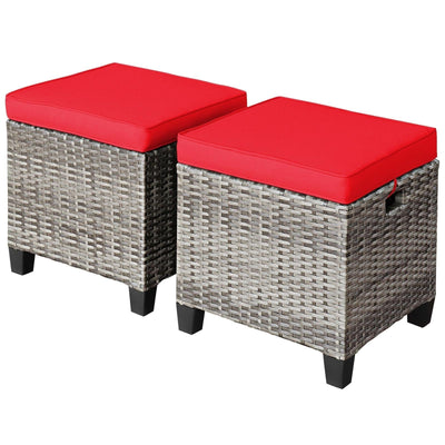 2PCS Patio Rattan Wicker Ottoman Seat with Removable Cushions-Red - Relaxacare