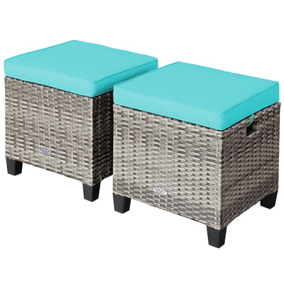 2PCS Patio Rattan Wicker Ottoman Seat with Removable Cushions-Turquoise - Relaxacare