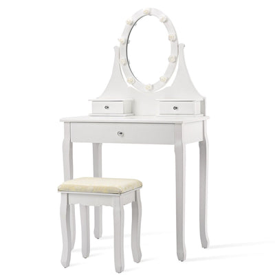 3 Drawers Lighted Mirror Vanity Dressing Table Stool Set - Relaxacare