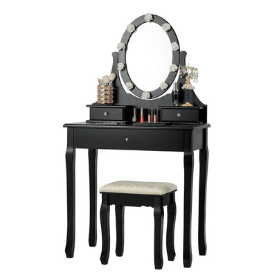 3 Drawers Lighted Mirror Vanity Dressing Table Stool Set-Black - Relaxacare