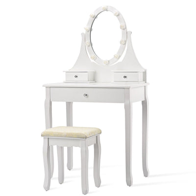 3 Drawers Lighted Mirror Vanity Makeup Dressing Table Stool Set - Relaxacare