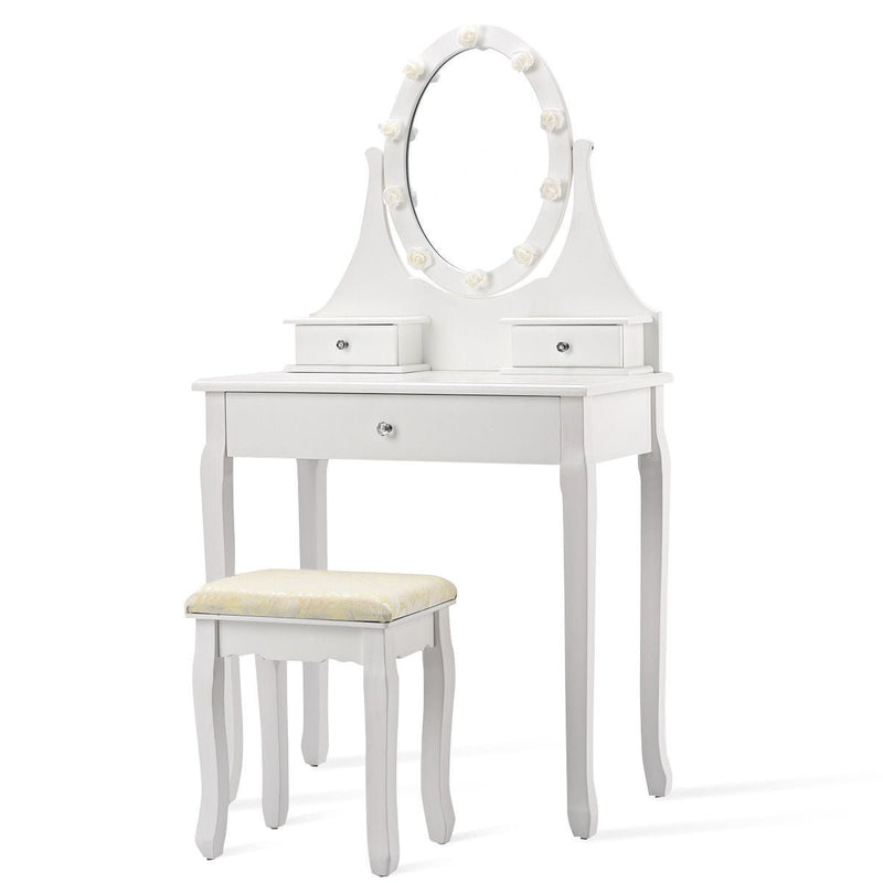 3 Drawers Lighted Mirror Vanity Makeup Dressing Table Stool Set - Relaxacare