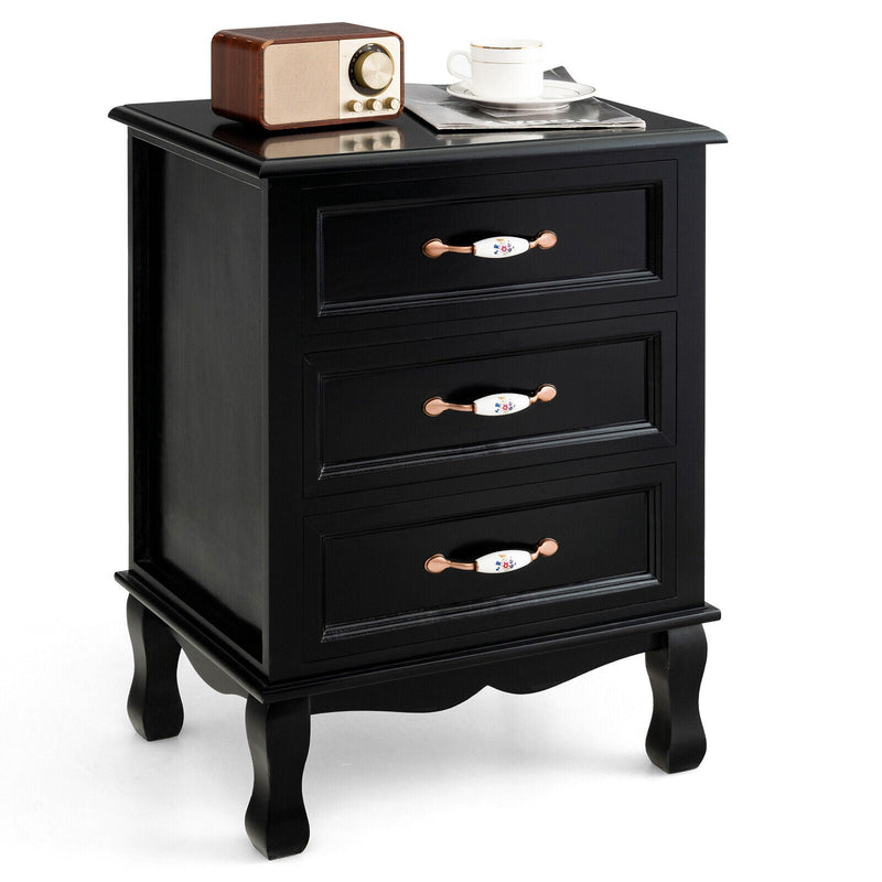 3 Drawers Nightstand with Solid Wood Legs for Living Room Bedroom - Relaxacare