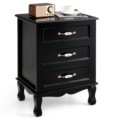 3 Drawers Nightstand with Solid Wood Legs for Living Room Bedroom-Black - Relaxacare