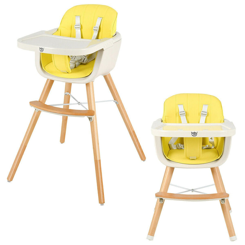 3 in 1 Convertible Wooden High Chair with Cushion-Yellow - Relaxacare
