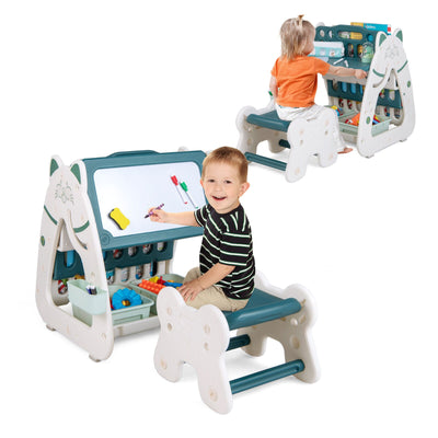 3-In-1 Double Sided Magnetic Dry-Erase Board with Stool and Flipped Writing Desktop-Green - Relaxacare