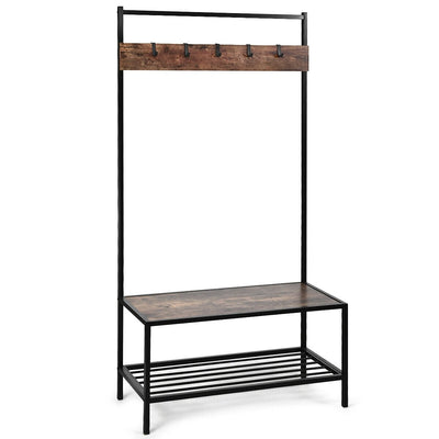 3 in 1 Industrial Coat Rack with 2-tier Storage Bench and 5 Hooks-Coffee - Relaxacare